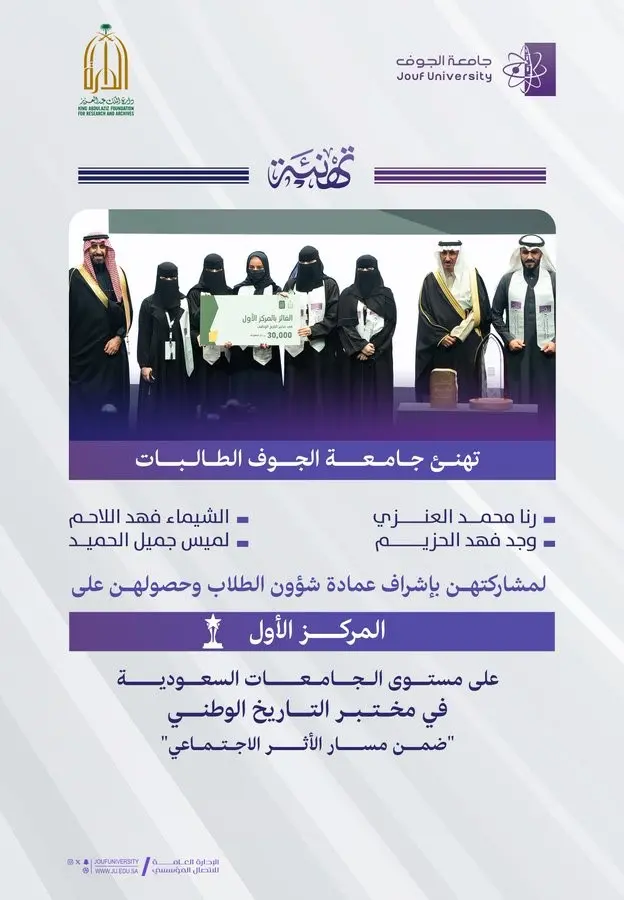 Jouf University students take first place in the Innovation Challenge at the National History Lab Jouf University students take first place in the Innovation Challenge at the National History Lab