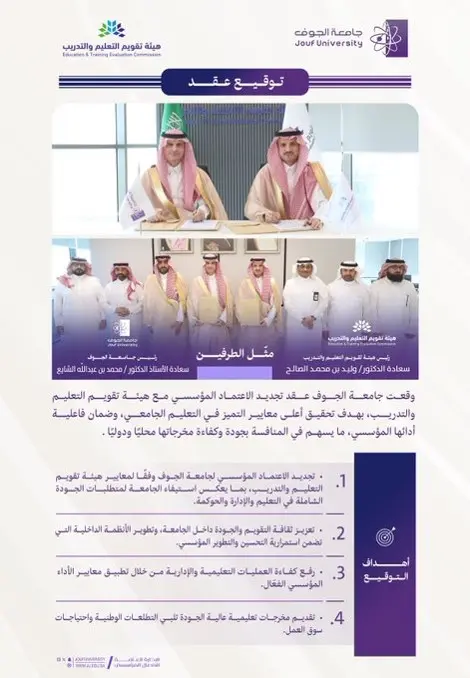 Renewal of Jouf University’s institutional accreditation by the Education and Training Evaluation Commission Renewal of Jouf University’s institutional accreditation by the Education and Training Evaluation Commission