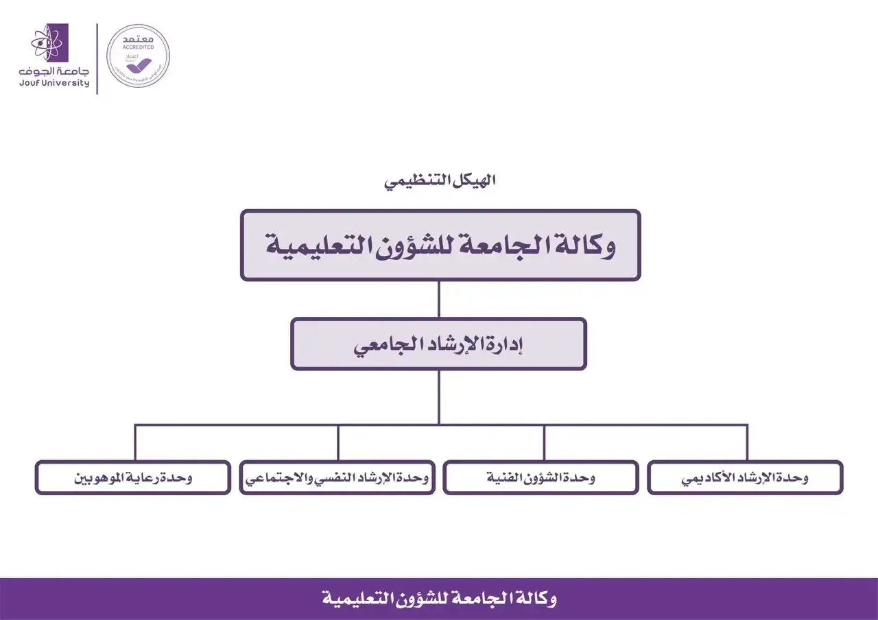الهيكل التنظيمي لإدارة الإرشاد الجامعي يوضح أن إدارة الإرشاد الجامعي تتبع وكالة الجامعة للشؤون التعليمية و تشمل أربع وحدات فرعية