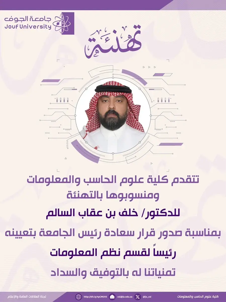 Congratulations from the College of Computer and Information Sciences to Dr. Khalaf Al-Salem on his appointment as Head of the Information Systems Department